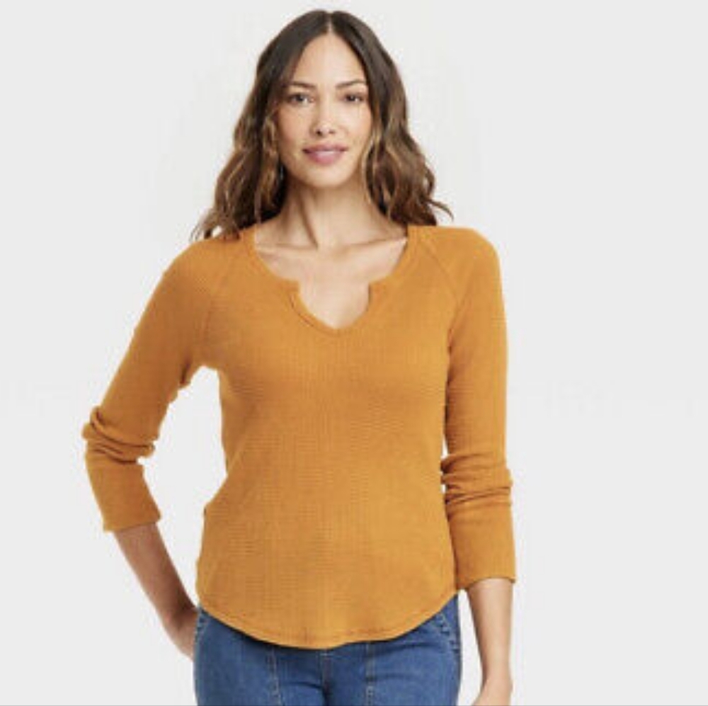 Knox Rose Mustard Long Sleeve Waffle Knit Shirt